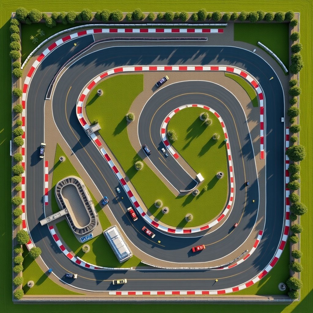 Top-down aerial view of a dynamic racing track layout inspired by Formula 1. Features long straight sections, tight hairpin turns, and an 'S' curve chicane. Includes a pit lane, green grass, gravel traps, safety barriers, grandstands, trackside flags, and advertisements.