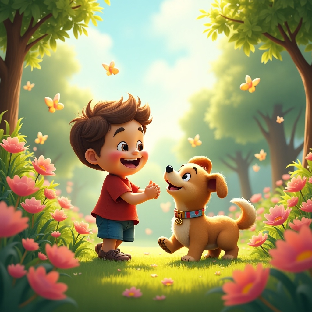 A cheerful scene with a boy playing with a golden dog in a sunny meadow filled with flowers and butterflies.