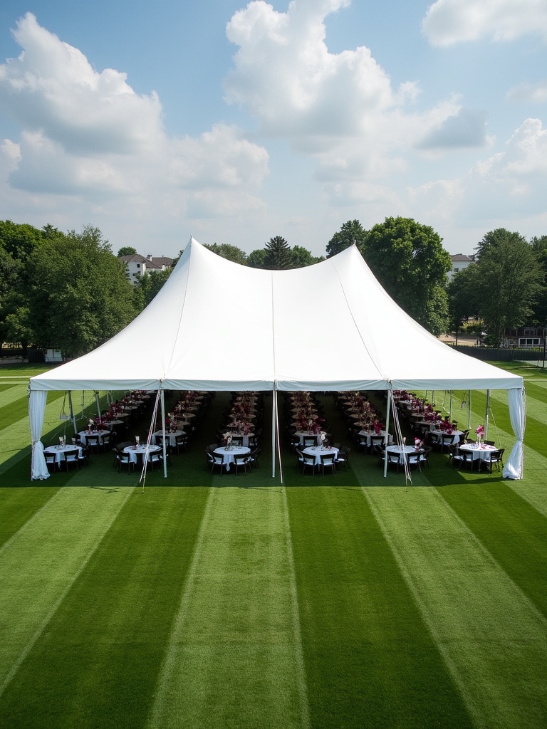 Large white tent set up in a football field. Seating arranged underneath the tent. Round tables and chairs are visible outside. Perfect for events and celebrations.