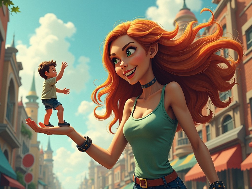 The image shows a giant woman with beautiful flowing hair, smiling as she lifts a tiny man in her hand. The setting is a vibrant street filled with charming buildings and colorful awnings. The woman has a playful, adventurous expression, suggesting a fun interaction. The tiny man appears surprised, reaching out to her. The atmosphere is bright and cheerful, capturing a sense of wonder and fantasy. This imaginative scene invites viewers to explore a world where size and reality blur.