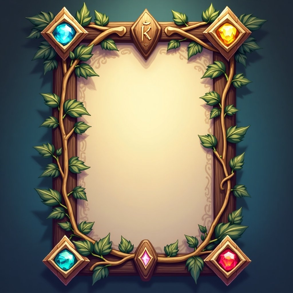 Card frame for games with intricate vines and four gemstones. The background is light and neutral, providing space for information. Natural elements with a fantasy style.