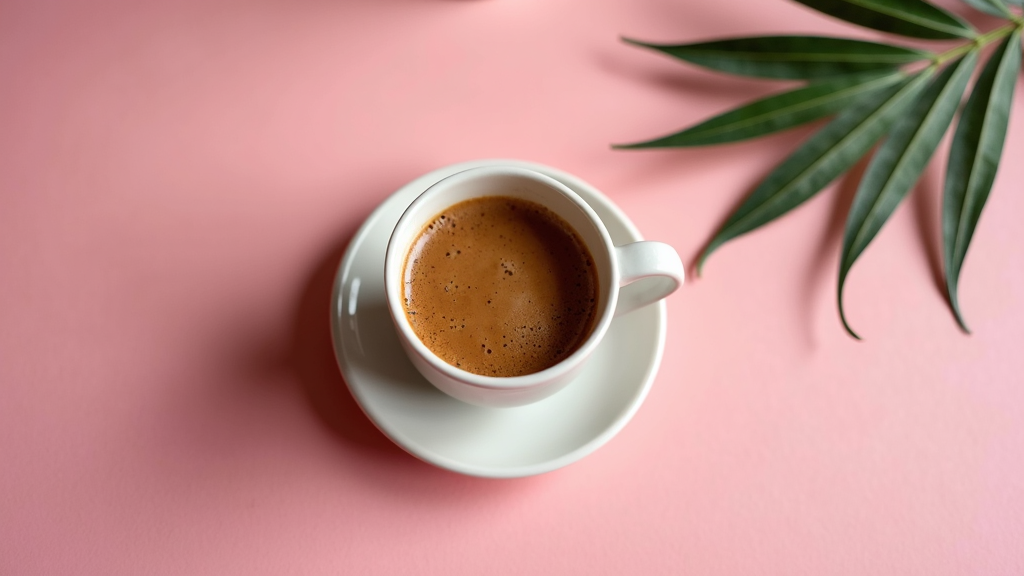 A white cup with coffee sits on a saucer atop a soft pink background, complemented by a green leaf.