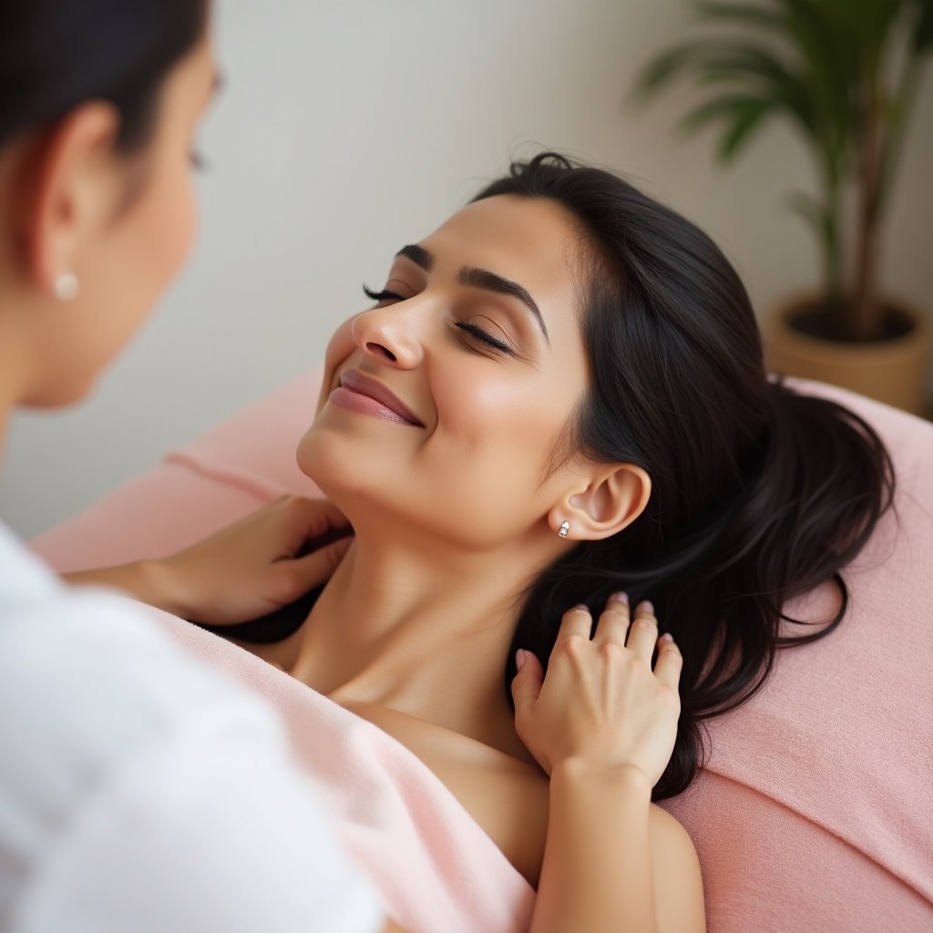 Image shows Indian lady enjoying chiropractic care. She looks serene and relaxed. The therapist provides gentle treatment focusing on shoulder pain. The setting is calm with soft colors enhancing wellness.