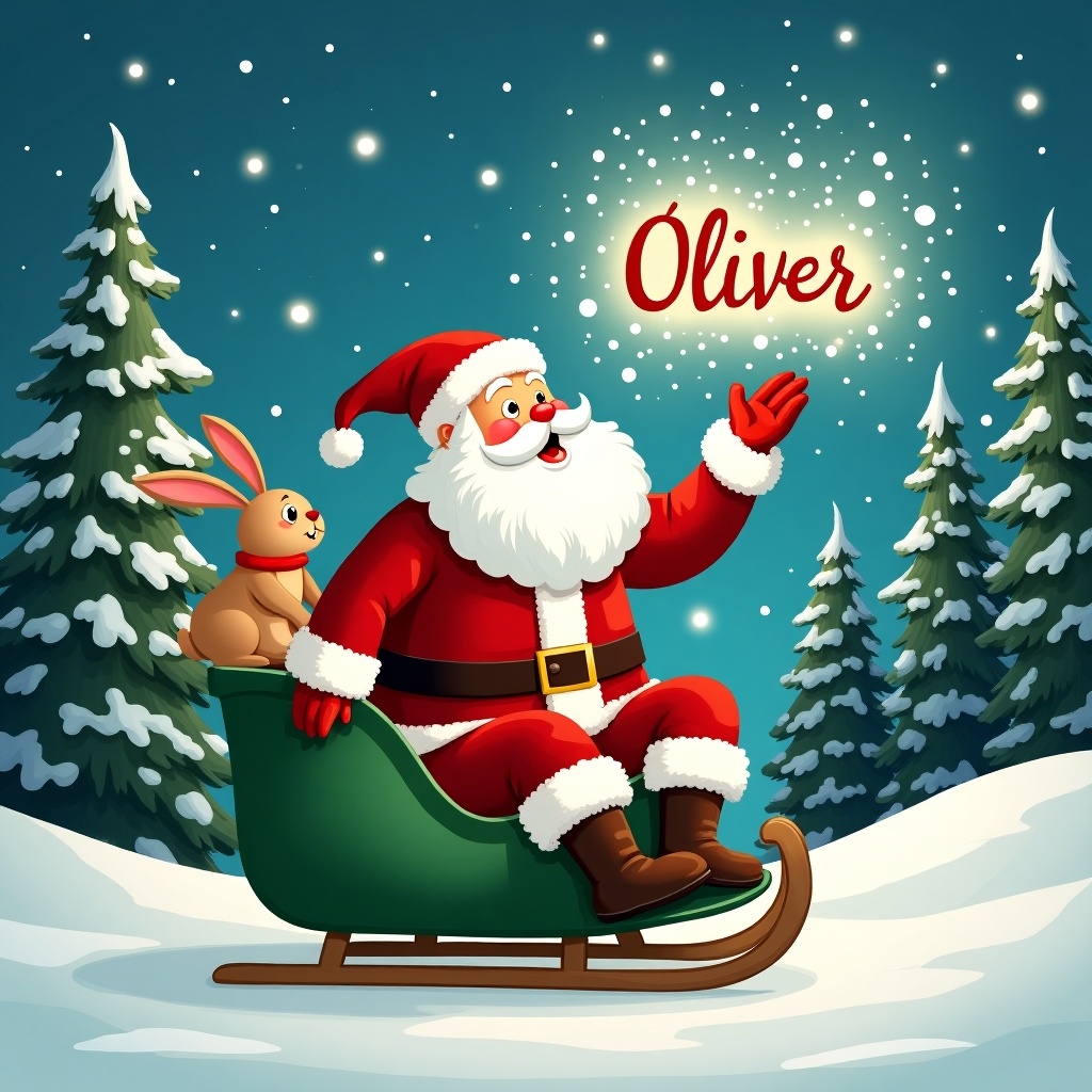 Whimsical Santa Claus in a winter wonderland joyfully conjuring magical writing in the sky spelling 'Oliver'. Dressed in a classic red and white suit, Santa sits in a green sled with a friendly rabbit. Tall evergreen trees dusted with snow in the background under a starry sky.