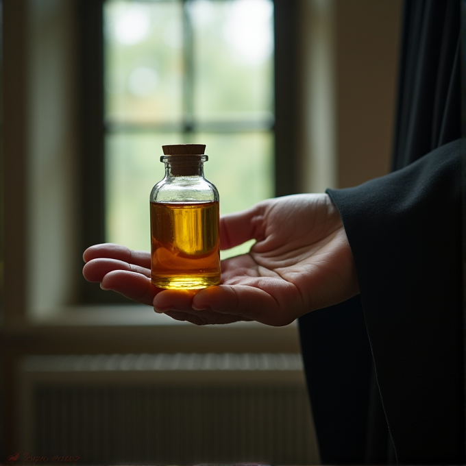 A hand holds a small glass bottle filled with golden liquid near a window.