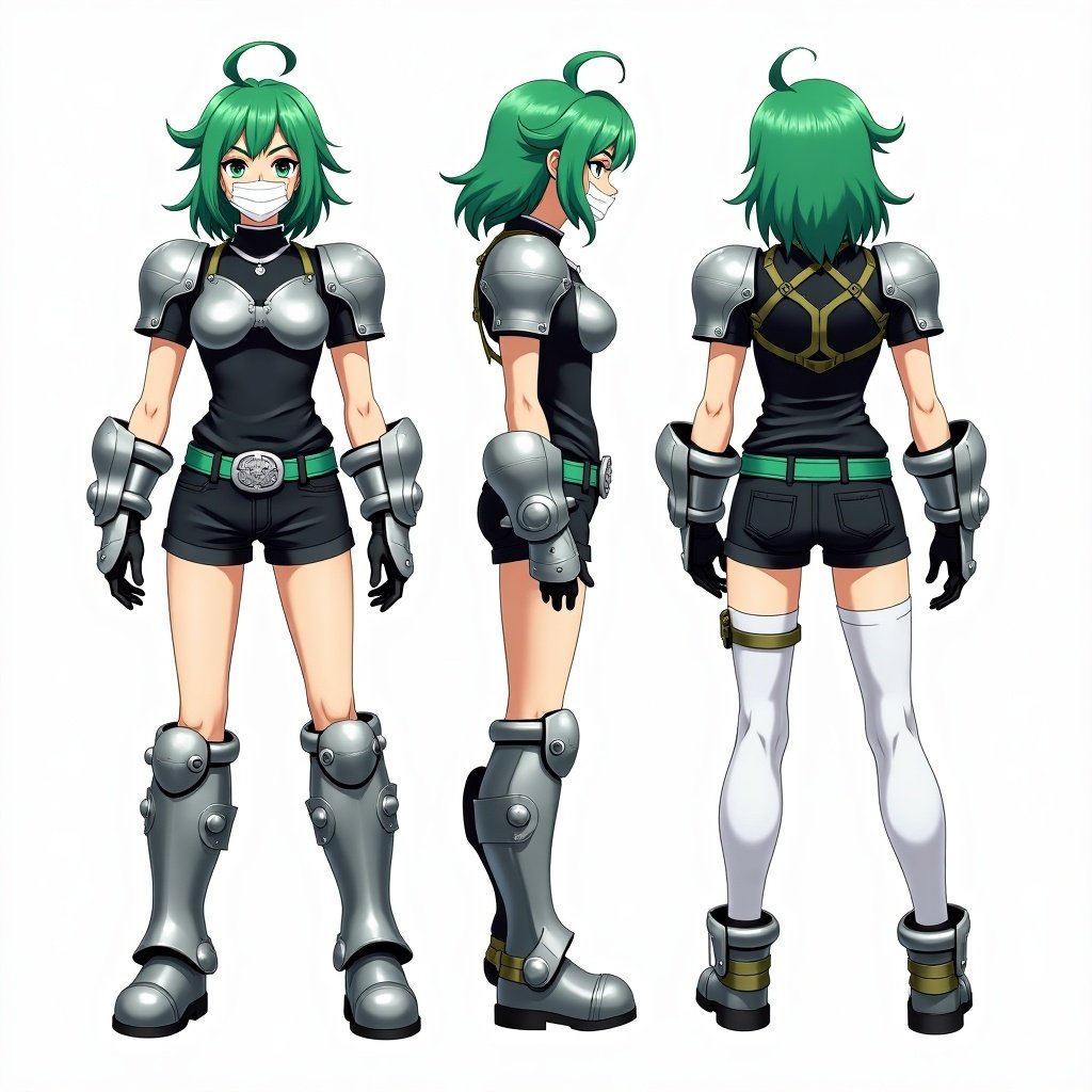 Anime mercenary tomboy with green hair in 3 views; front, side, back. They wear metal silver armor, a black shirt, black short jeans, a green belt with a large silver buckle, and metal gauntlets. Tights cover legs.