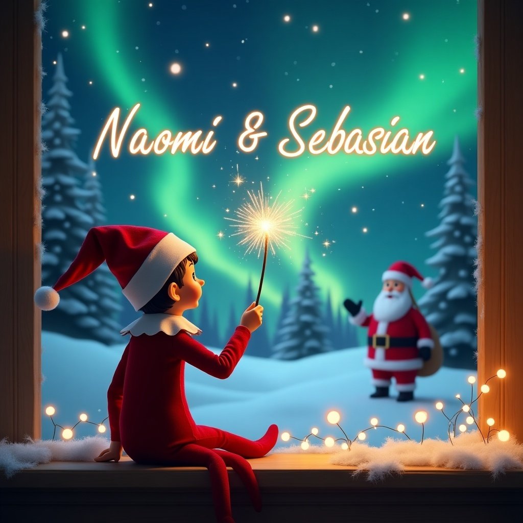 The image features an elf on the shelf sitting on a windowsill, gazing up at a magical sky. The elf is holding a wand that sparkles as it writes the names 'Naomi & Sebastian' in the air. In the background, a stunning display of northern lights illuminates the night sky. Santa Claus can be seen nearby, adding to the festive atmosphere. The scene is whimsical and filled with holiday cheer, capturing the essence of Christmas magic.