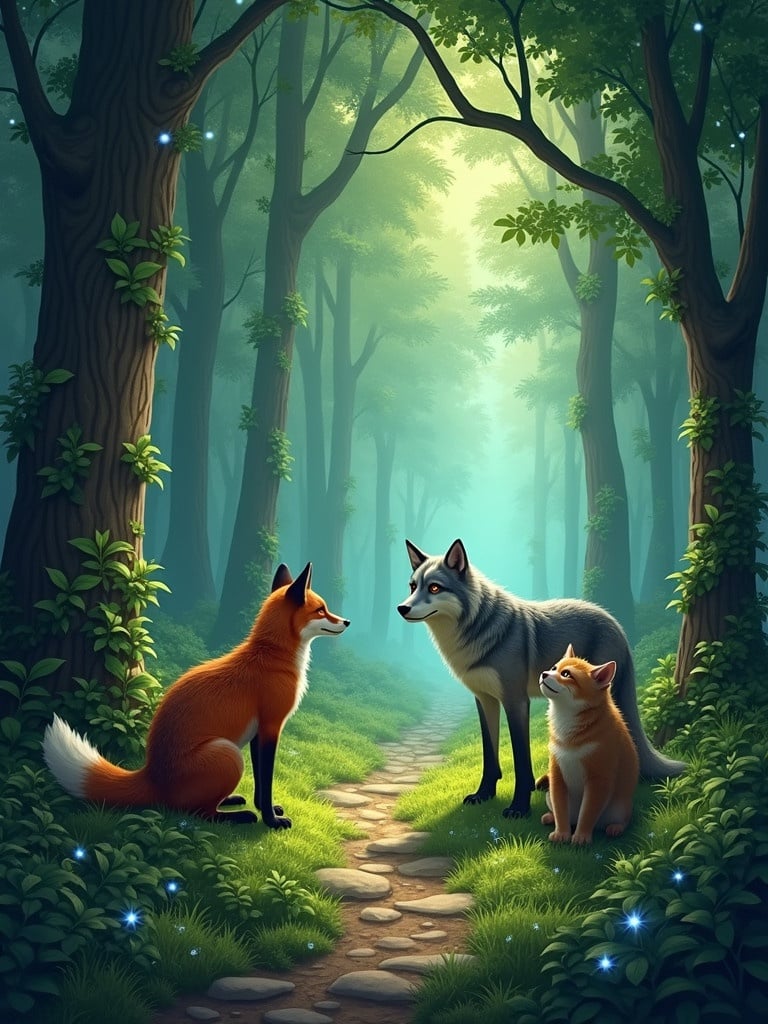 An enchanted forest with various mythical creatures. Foxes and wolves are gathering along a winding forest path. The scene features lush greenery and soft magical lighting. The atmosphere feels mystical and inviting.