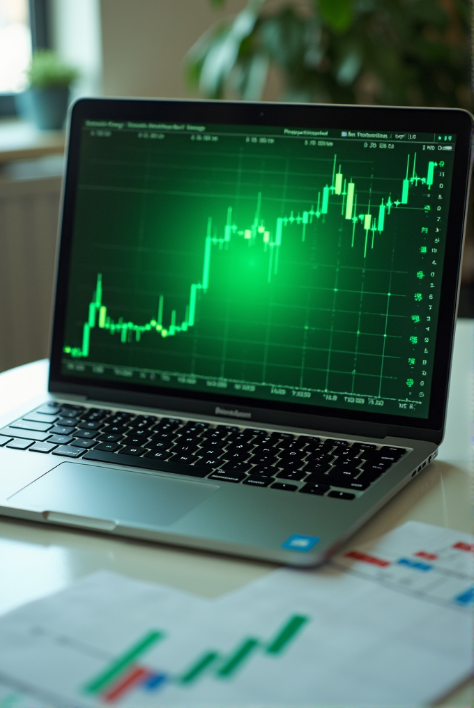 A laptop displays a rising green stock chart, with papers showing graphs nearby.