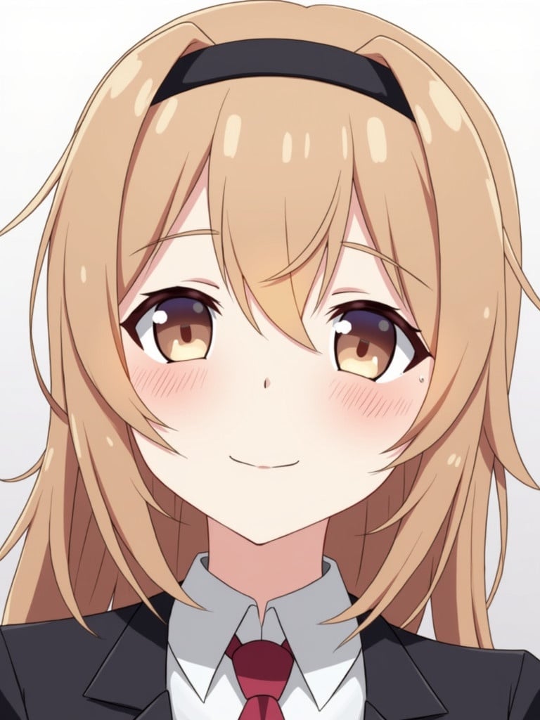 Anime character with light brown hair and hairband. Pale skin has a soft blush. Long eyelashes frame cold eyes. Character wears a suit. Eye-catching anime style draws attention.