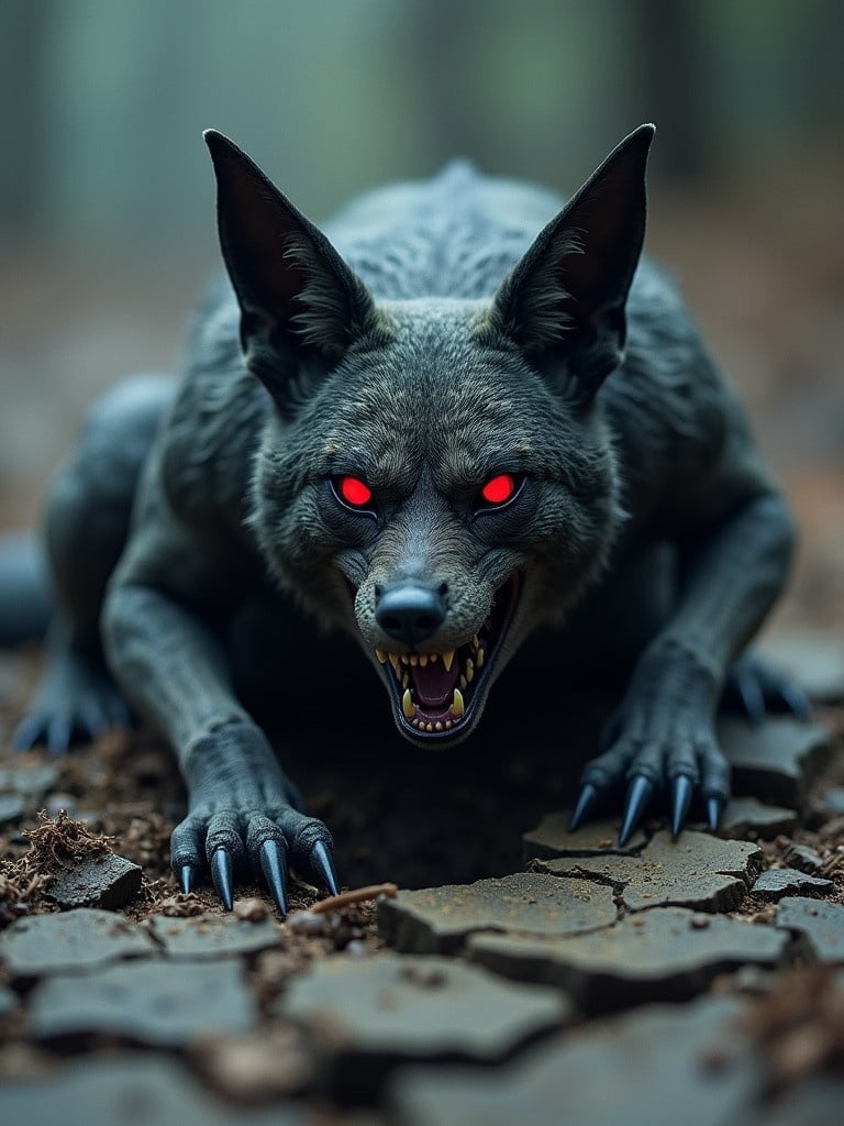 A horrifying jackal-like creature with glowing red eyes grows out of the cracked ground. Its sharp claws and menacing stance evoke fear and dread.