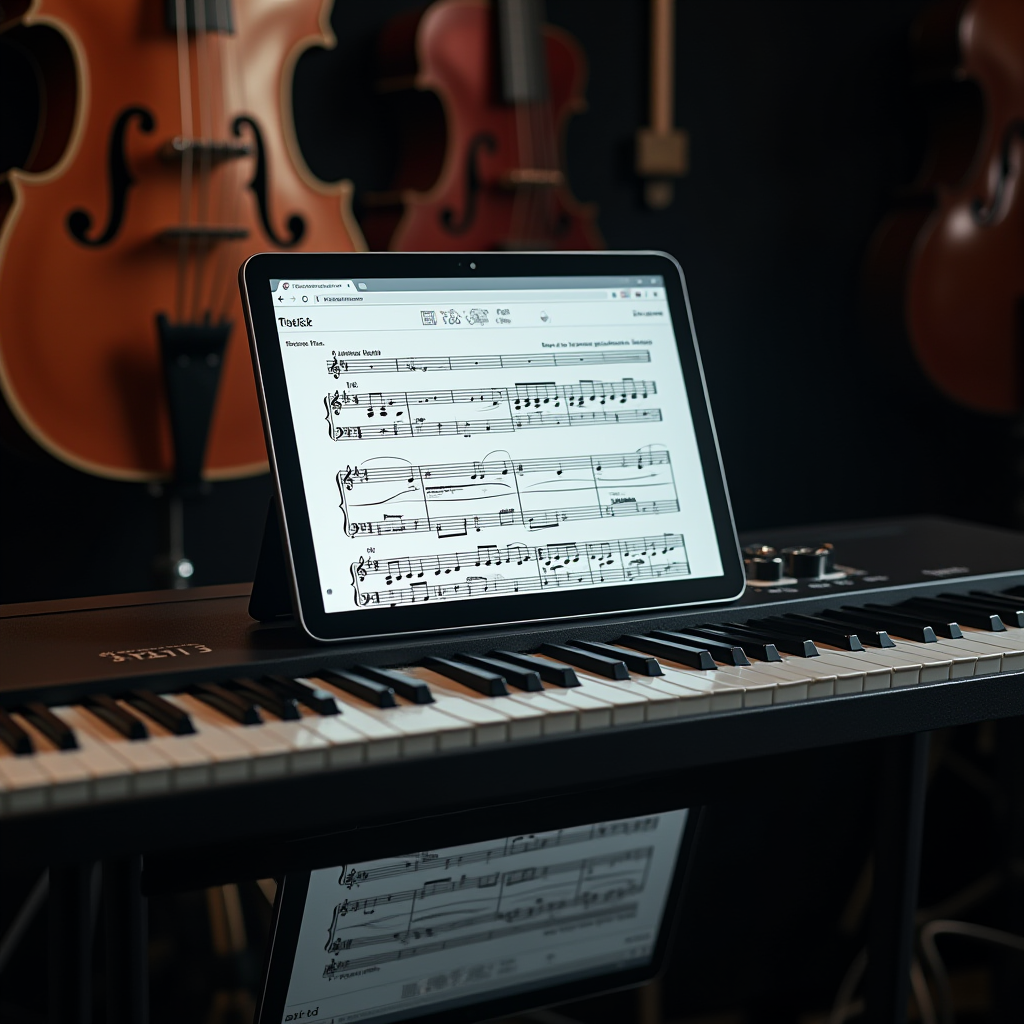 A digital tablet displaying sheet music rests on an electronic keyboard with string instruments in the background.