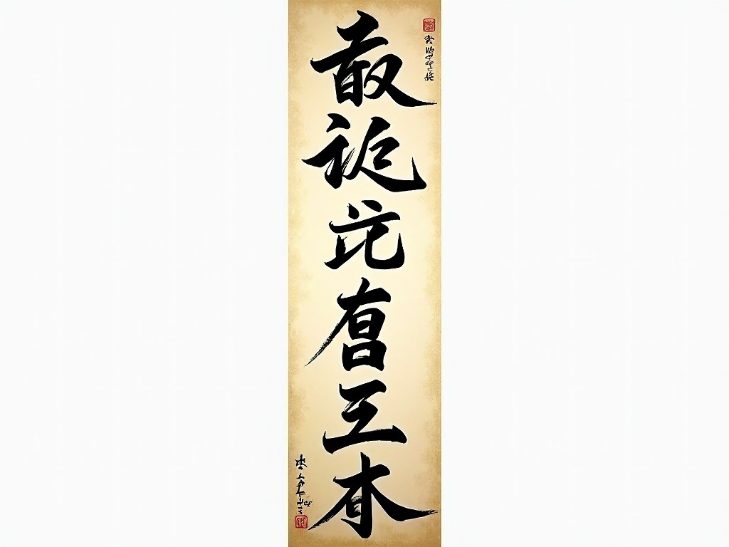 The image showcases traditional Japanese calligraphy, emphasizing key virtues. Each character is gracefully written in a single stroke with fluidity. The black ink contrasts beautifully against a beige background. This elegant art form represents deep cultural values. The vertical alignment adds a sense of height and significance to the characters. Overall, it conveys harmony and balance in design.