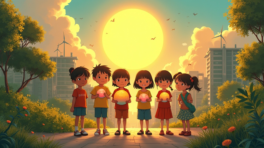 A group of children stands together smiling. Each child holds a glowing globe. The sun sets behind them casting a golden light. The background includes a lush city with rooftop gardens and wind turbines. The scene conveys hope and unity for the future.