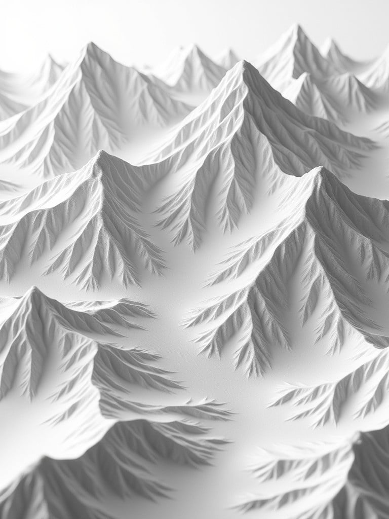 Greyscale topographical map shows mountainous terrain. Distinct plateaus and a deep valley visible. Textured elevation differences represented by shadows. Monochromatic color scheme of white grey and black. Prominent peaks and contrasting valleys. Realistic three-dimensional contours and slopes emphasized.