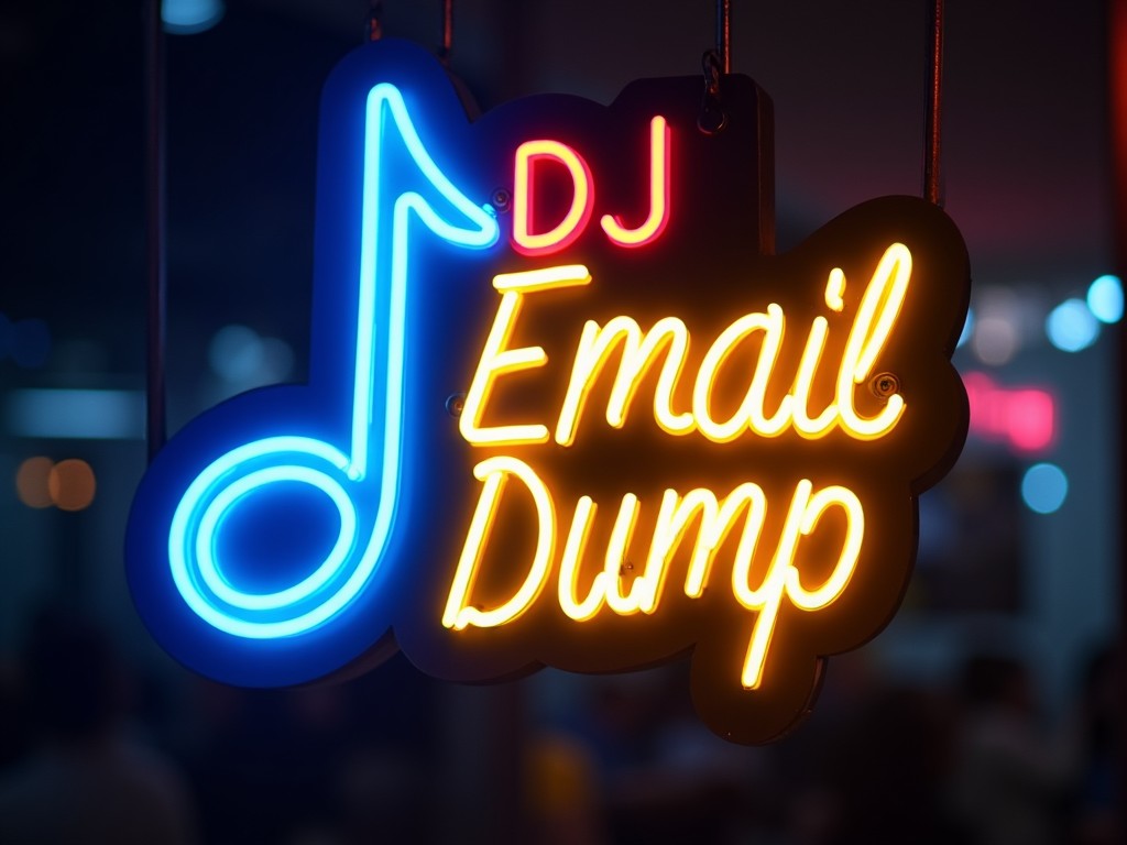 This image features a brightly lit neon sign that says 'DJ Email Dump'. The design includes a musical note that is creatively styled. The colors blue and yellow contribute to its striking appearance. Such signage is commonly found in music shops and entertainment venues. The sign not only serves a practical purpose but also enhances the atmosphere of its surroundings. It's an eye-catching element that attracts attention in a lively setting.