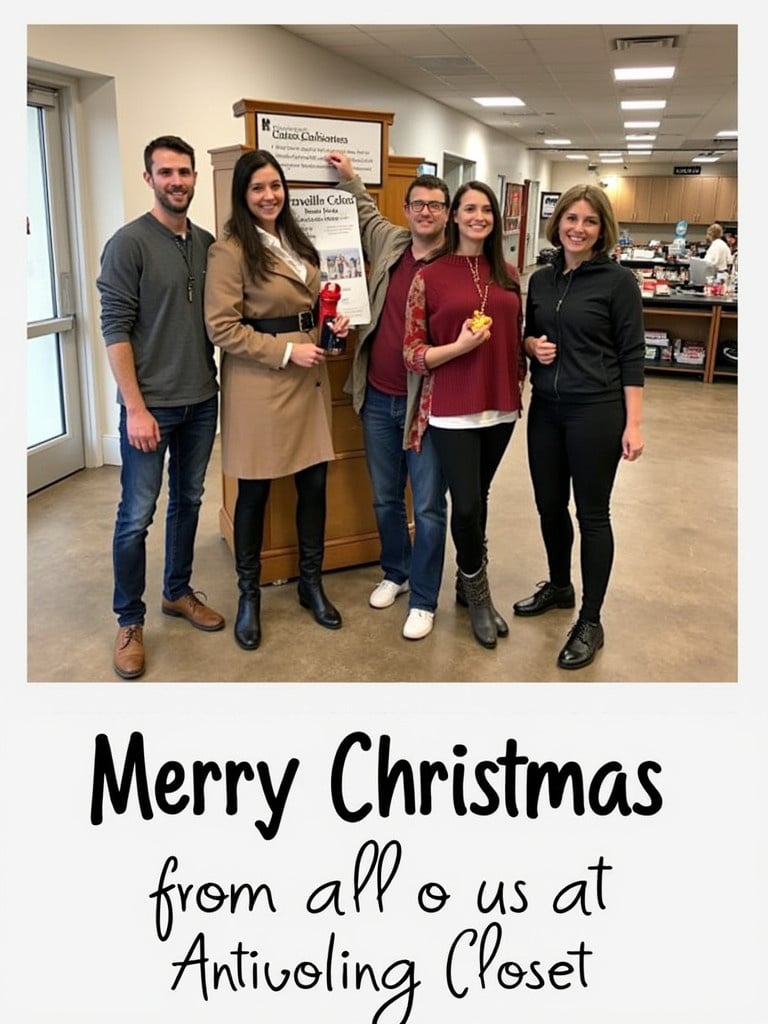 Group of people posing for a holiday photograph. Celebration of Christmas in a retail setting. Smiles and festive decorations in the background. Indoor event with cheerful atmosphere.