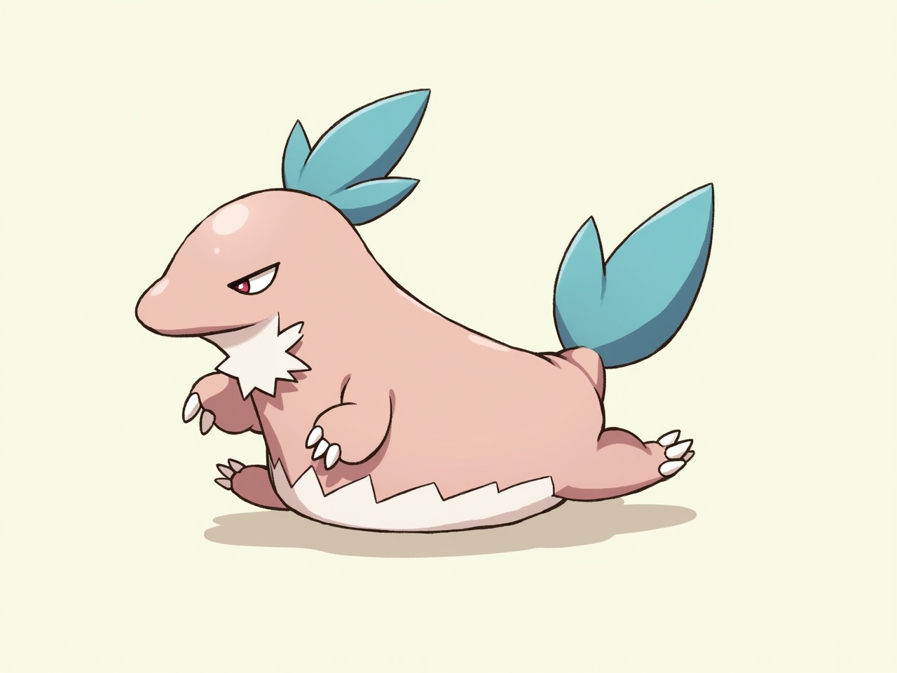 A cartoon-style image of a pink dinosaur-like creature with blue leaves on its back and tail, walking with a determined expression.