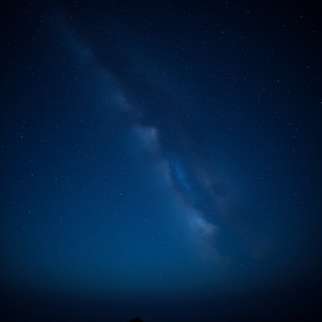 Photograph of a blue starry sky at night. Visible stars and Milky Way. Dark atmosphere.