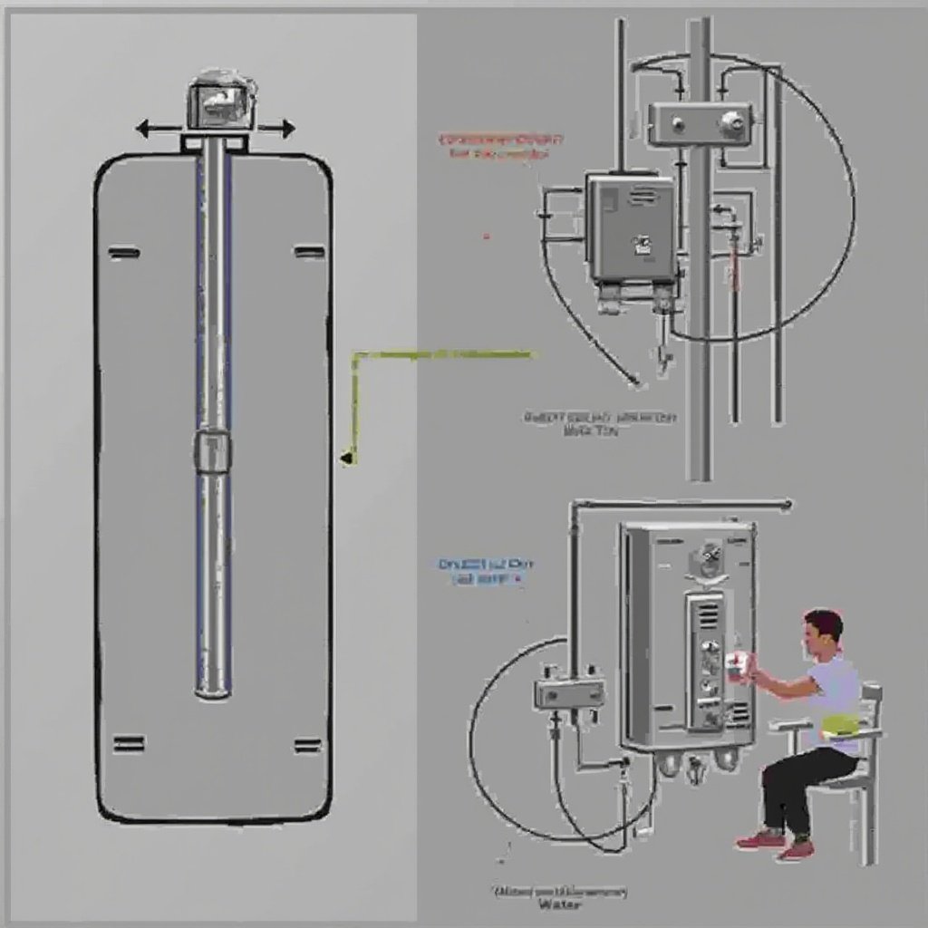 Illustration of a domestic water system. The diagram includes a schematic of a water heater. Piping details are integrated. Control panel and features are specified. The user is shown interacting with the system.