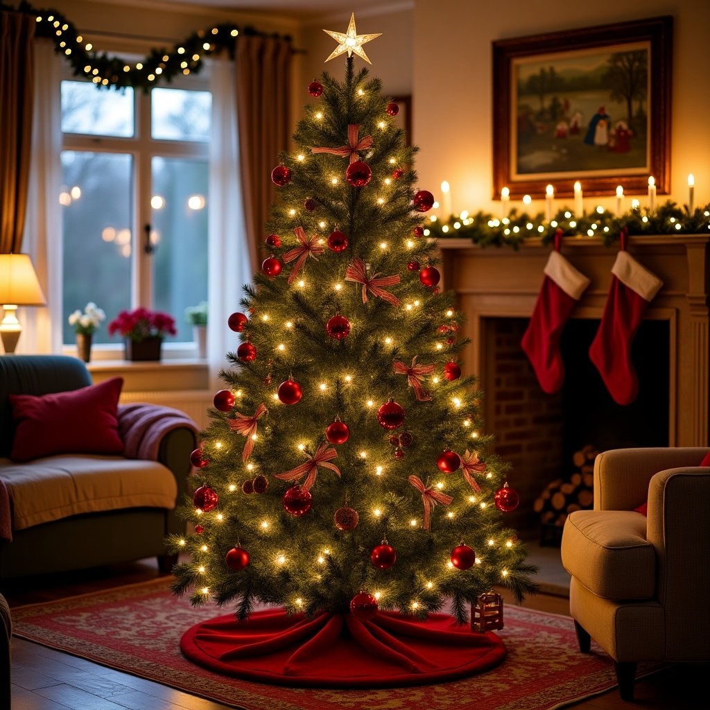 Cozy living room with a green Christmas tree. The tree features red ornaments, ribbons, and warm lights. Decor includes a fireplace with stockings and holiday candles.