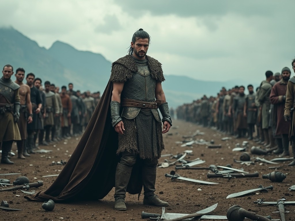 A solitary warrior stands amidst a battlefield strewn with discarded swords. Clad in dark medieval armor with a fur-lined cape, he exudes strength and determination. The scene is set against a backdrop of mountains under a cloudy sky, emphasizing the desolation of war. Rows of soldiers in muted attire can be seen in the background, creating a stark contrast to the main character. The overall atmosphere is tense and solemn, capturing the essence of a lost battle.