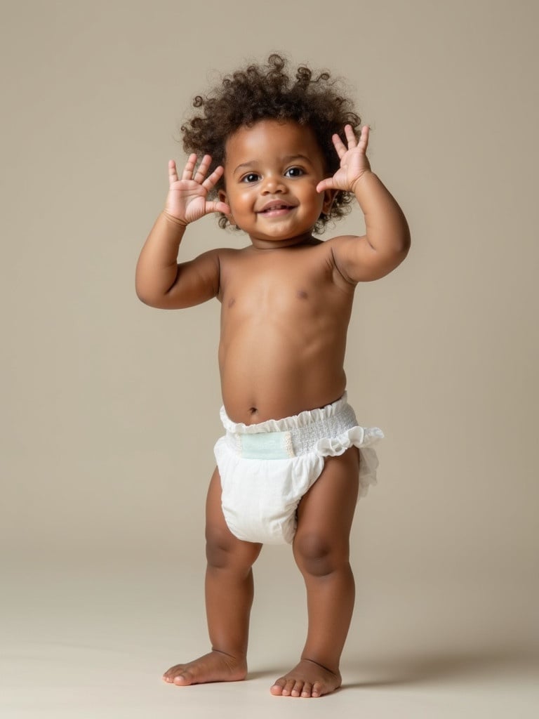 Child standing in a beige space wearing a white diaper. The child has curly hair and is raising both arms. Simple background emphasizes the child.