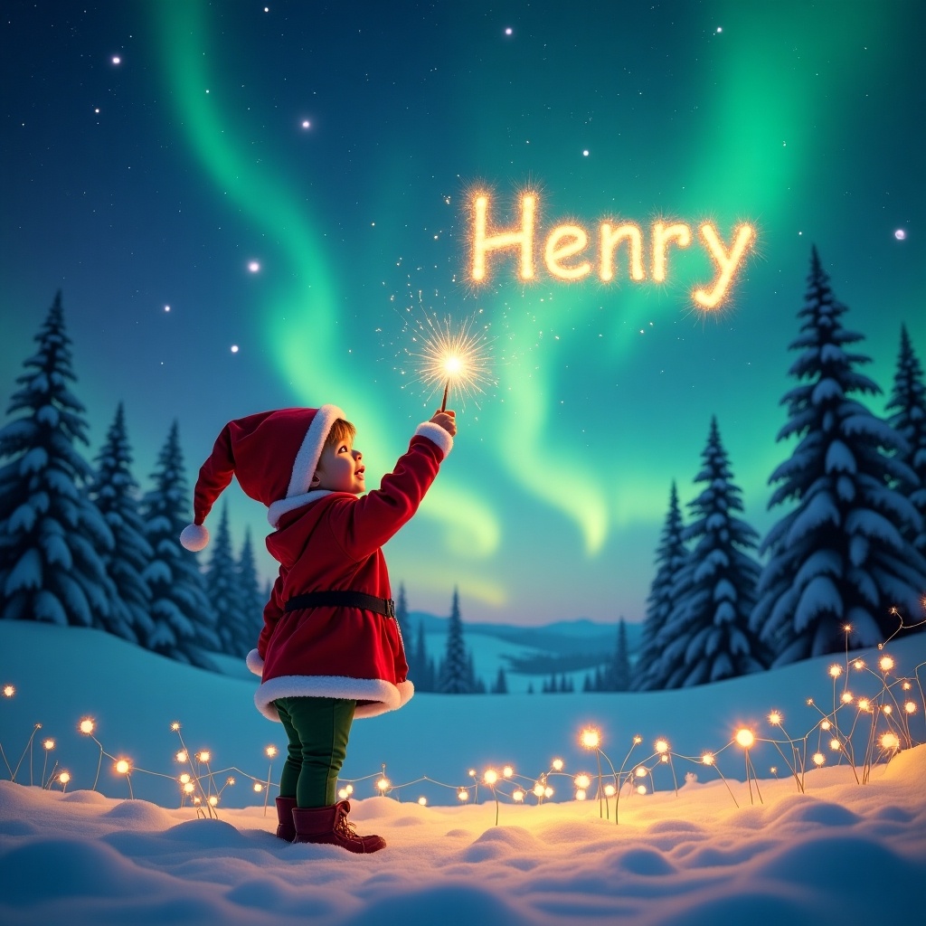 Cheerful scene with a child in an elf costume gazing at the night sky. Child uses a wand to spell 'Henry' with sparkling letters. Backdrop features northern lights and a snowy landscape with evergreen trees. Foreground includes glowing fairy lights. Evokes holiday joy and childlike wonder.