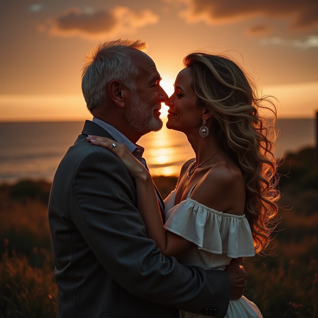 Capture the romance between an elderly couple at sunset. Focus on their embrace and joyful expressions. Use soft lighting to highlight their love. The background shows a calm sea and warm colors.