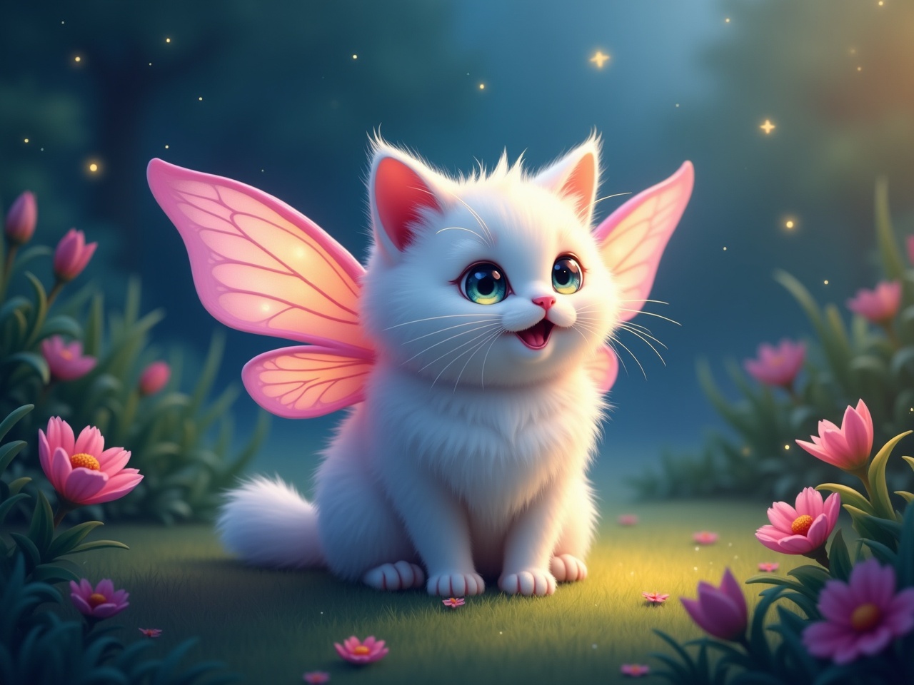 A scene depicts a cute chubby fairy cat sitting in a garden at night. The cat is fluffy and white with beautiful pink wings. Surrounding the cat are vibrant flowers, creating a colorful background. The lighting is soft and magical, enhancing the whimsical feeling of the garden. The overall atmosphere evokes joy and fantasy, making it a charming image perfect for children's stories or illustrations.