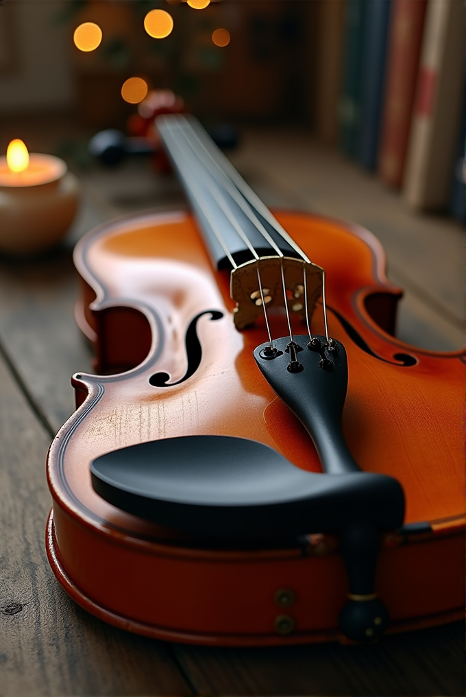 A close-up view of a violin resting on a wooden surface with warm, blurred lights in the background.