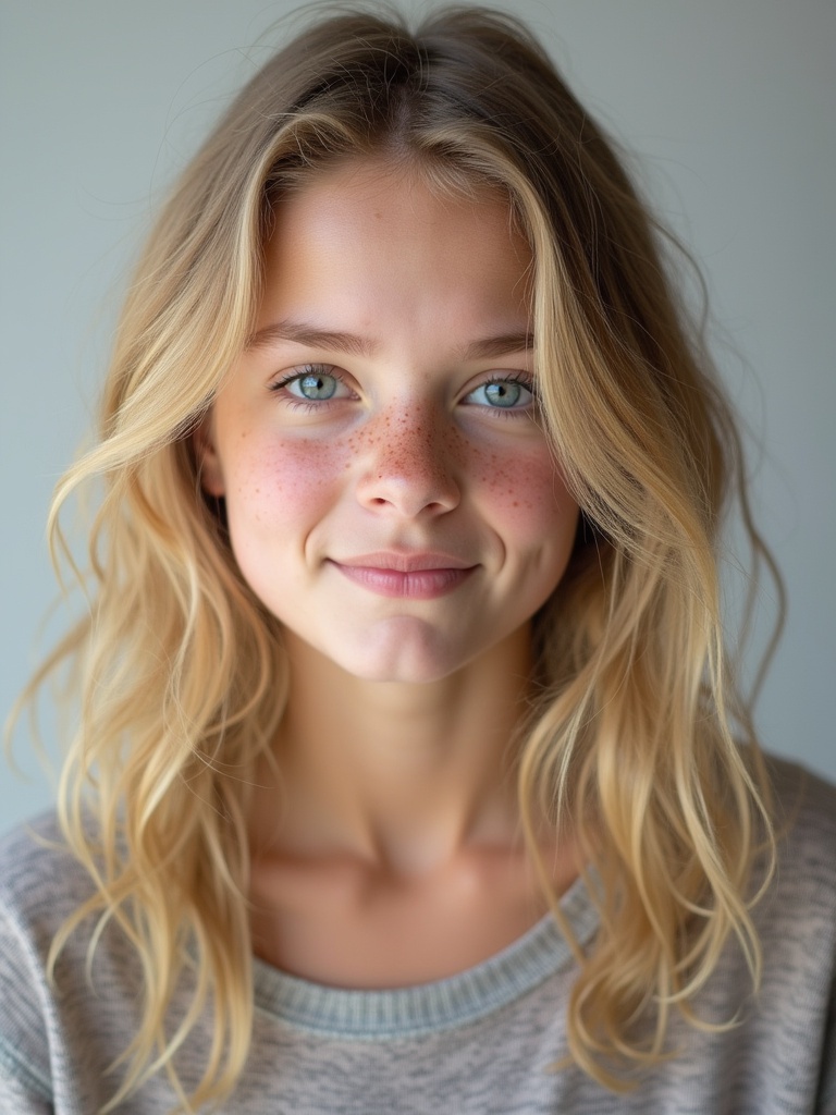 Blonde girl with wavy hair. Lightly tanned skin and light freckles over her nose. Natural blue eyes. Light grey background. Looking directly at the camera with a cool expression.