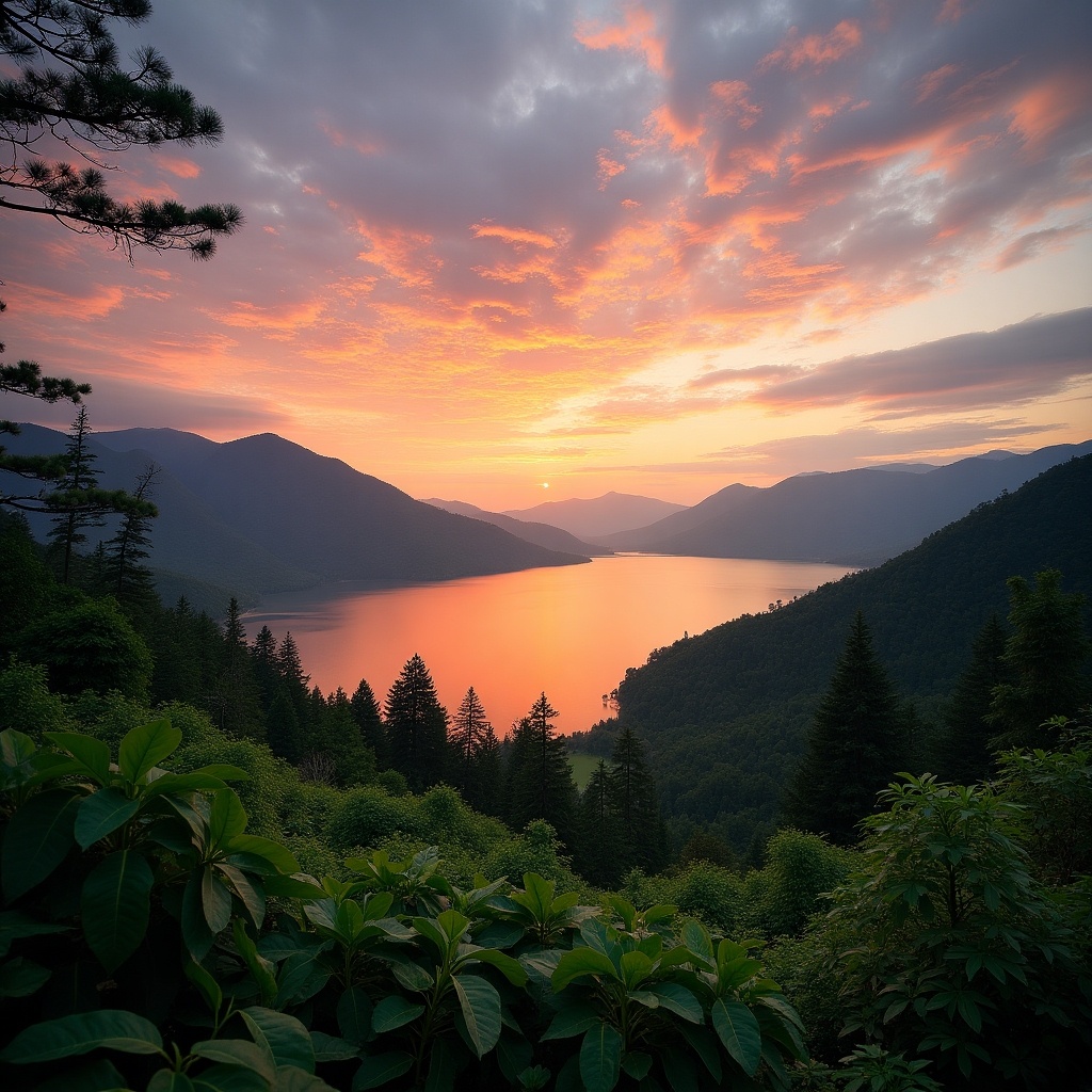 Landscape features a stunning sunset over a calm lake surrounded by mountains. Lush greenery frames the scene. Sky filled with orange and purple hues.