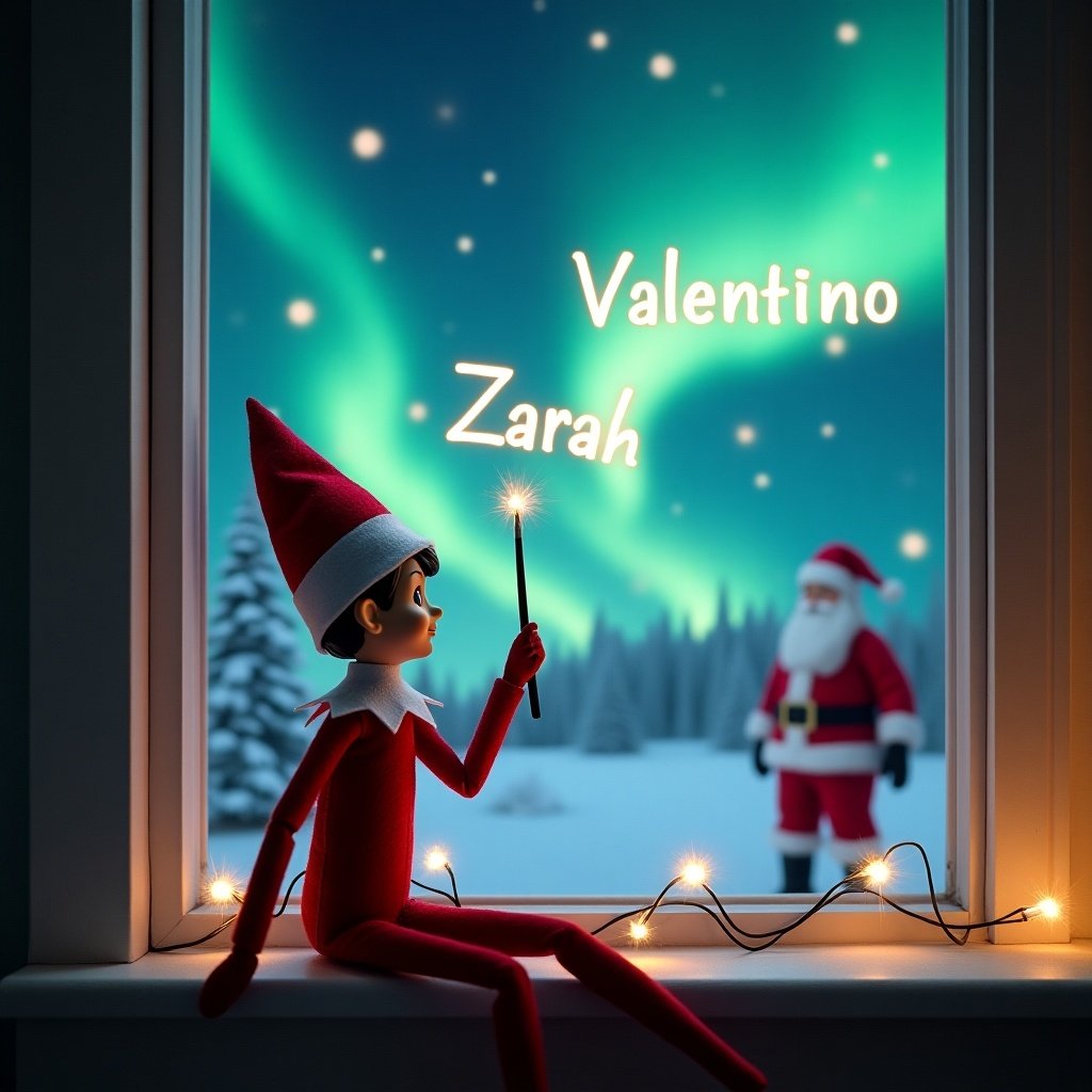 An elf on the shelf sits on a windowsill, facing a magical sky. The elf, dressed in red and white, holds a wand and writes the names 'Zarah' and 'Valentino’ in the air. Behind him, a beautiful night sky is filled with swirling northern lights. Santa Claus can be seen in the background, adding to the festive atmosphere. It's a delightful scene that captures the essence of Christmas and invokes feelings of joy and wonder.