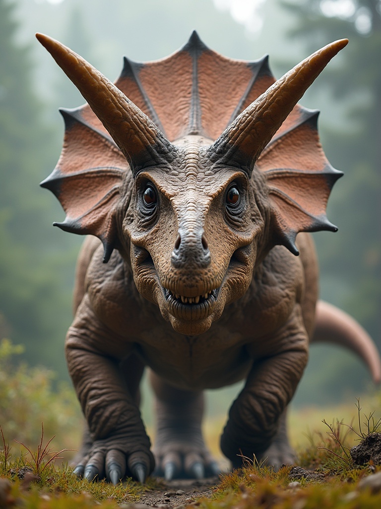 Hybrid creature combines T. rex and Triceratops. Monster dinosaur with large horns and spiky frill. Captured in a lush forest setting.