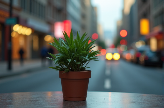 A small potted plant sits on a table with a blurred city street in the background, featuring bright lights and out-of-focus buildings.