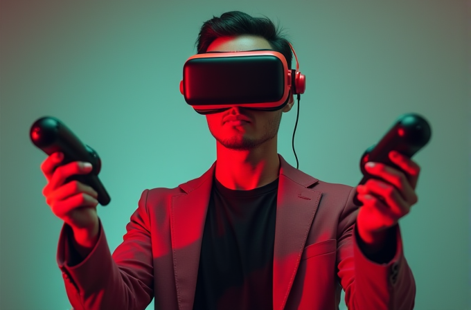 A person wearing a VR headset and holding controllers in a vibrant, colorful lighting.