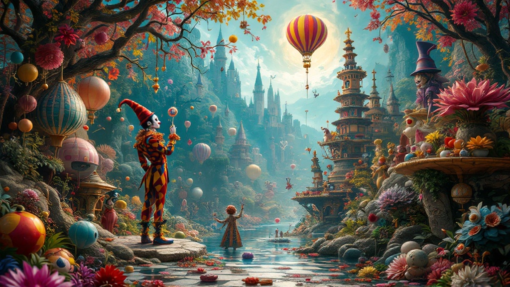 Surreal art scenery inspired by Commedia dell'Arte. Fantasy world with vibrant colors. Digital illustration of playful characters and magical landscapes. Wojtek Siudmak style elements feature strong contrast and vivid detail.