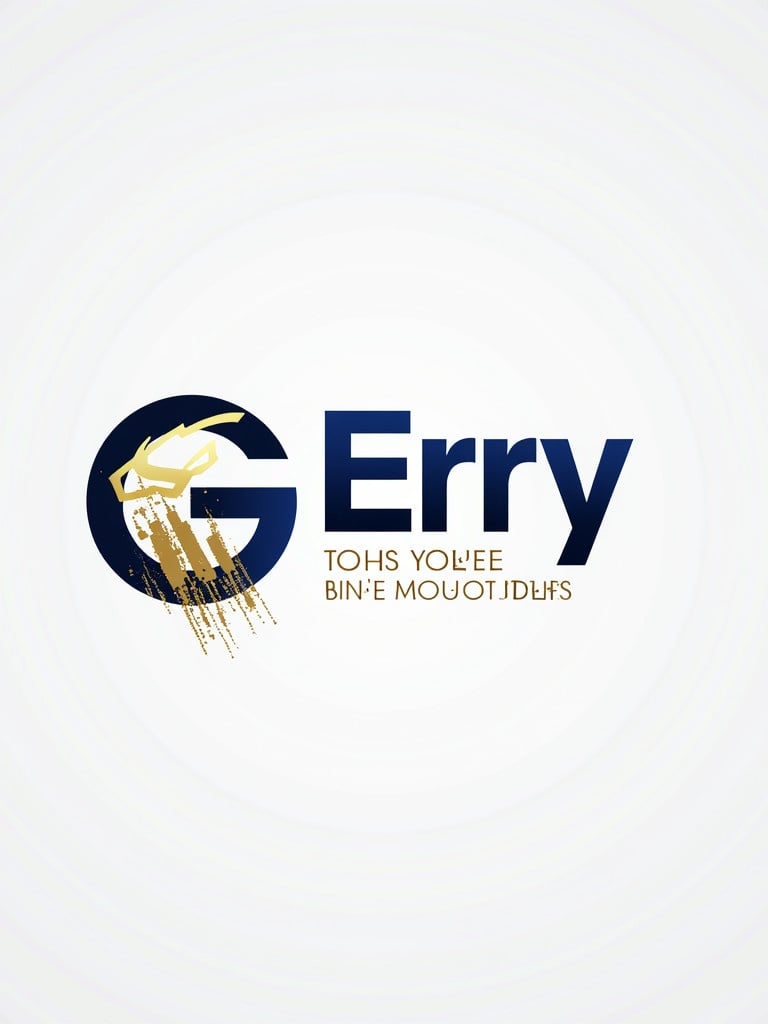 Logo design includes name Gerry Erio and tagline Your Voice Your Impact. Represents professionalism and creativity. Features futuristic soundwave elements and modern geometric shapes. Incorporates pixel particles and digital elements. Monogram GE has sleek edgy design. Uses deep blue gold and white colors. Clean sans-serif font used. Emphasizes energy innovation and communication relevance.