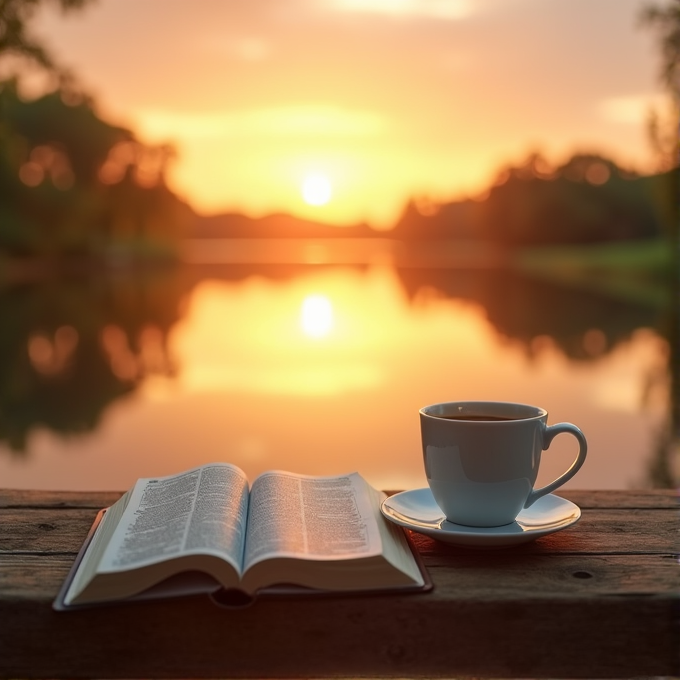 An open book and a coffee cup sit on a wooden surface by a lake during sunset.