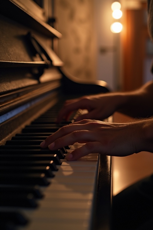 Close-up of hands playing the piano keys. Warm ambient light highlights the scene. Focus on the details of the piano. Artistic angle shows the beauty of music creation.