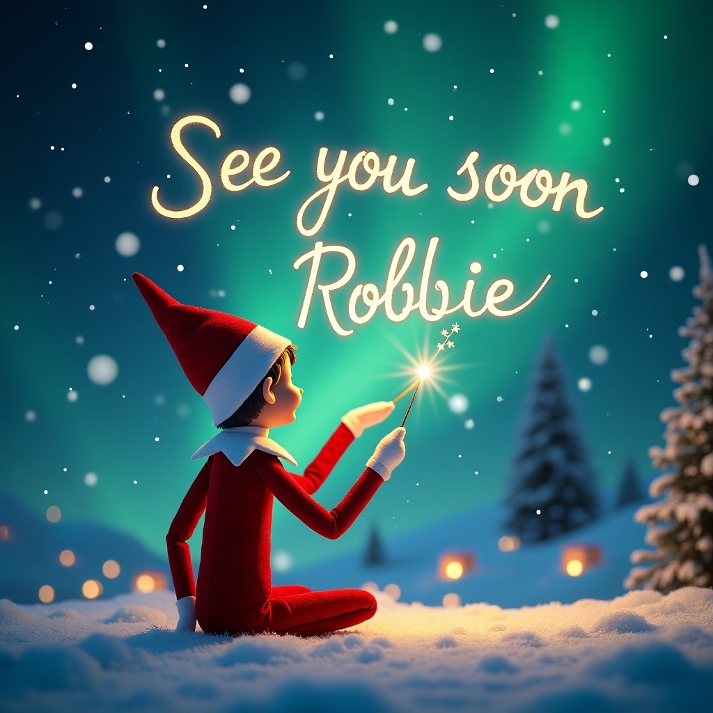 The image features an elf on the shelf with his back to the viewer, looking up at a magical sky. He is using a sparkly wand to write in the air. The background showcases beautiful northern lights and a sense of winter wonder. The words 'See you soon, Robbie' are elegantly crafted in the sky. The scene is warm and festive, filled with the spirit of Christmas. It sets the mood for a joyful holiday season.