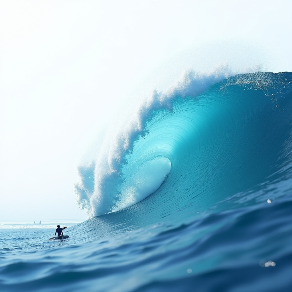 A surfer rides a massive, curling ocean wave against a clear sky.