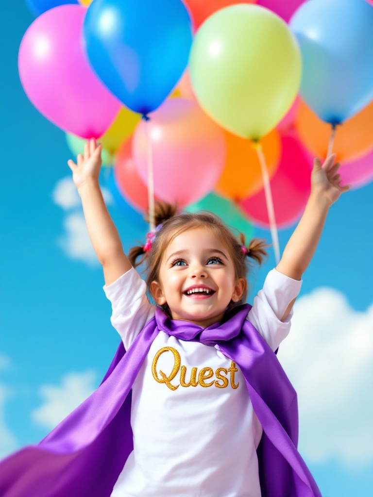 Joyful 3-year-old girl is gently elevated off the ground. She holds a bunch of vibrant, colorful balloons. She is wearing a flowing purple cape. Her white shirt features the word Quest in shimmering gold letters. The background is a bright blue sky with fluffy clouds. The atmosphere is full of wonder and excitement.