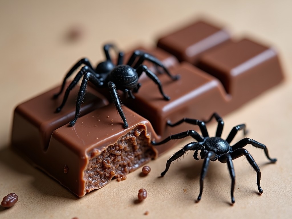 This intriguing image captures two realistic-looking spiders crawling on a bar of chocolate. The chocolate has a segment bitten off, revealing a crunchy, textured center. The spiders, with their glossy black bodies and detailed features, create a contrast with the smooth, rich brown chocolate. The image is both fascinating and slightly unsettling, evoking a mix of curiosity and discomfort.