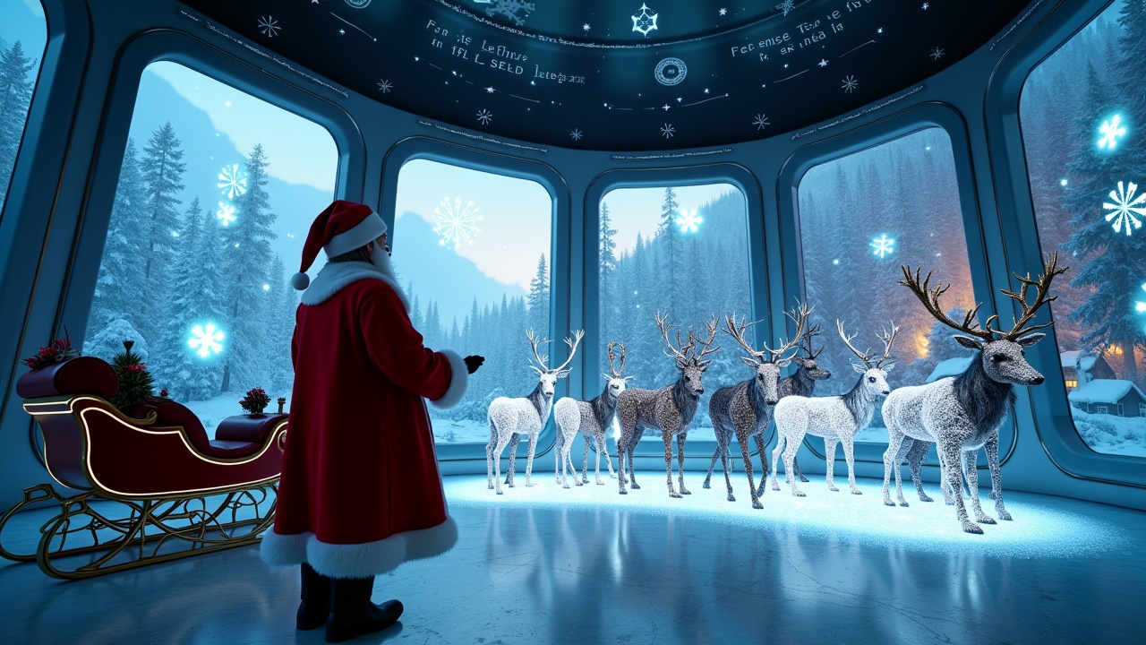 Cinematic image shows Santa Claus in a high-tech room with holographic designs. Openings reveal snowy woods and sky. Sleigh with reindeer parked. Wide shot with Santa surrounded by glowing models and festive messages.