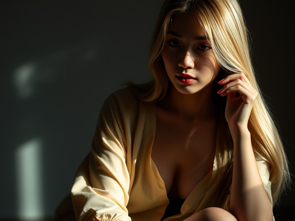 A woman in a silky dress sits in soft, dramatic lighting, casting shadows across her face.