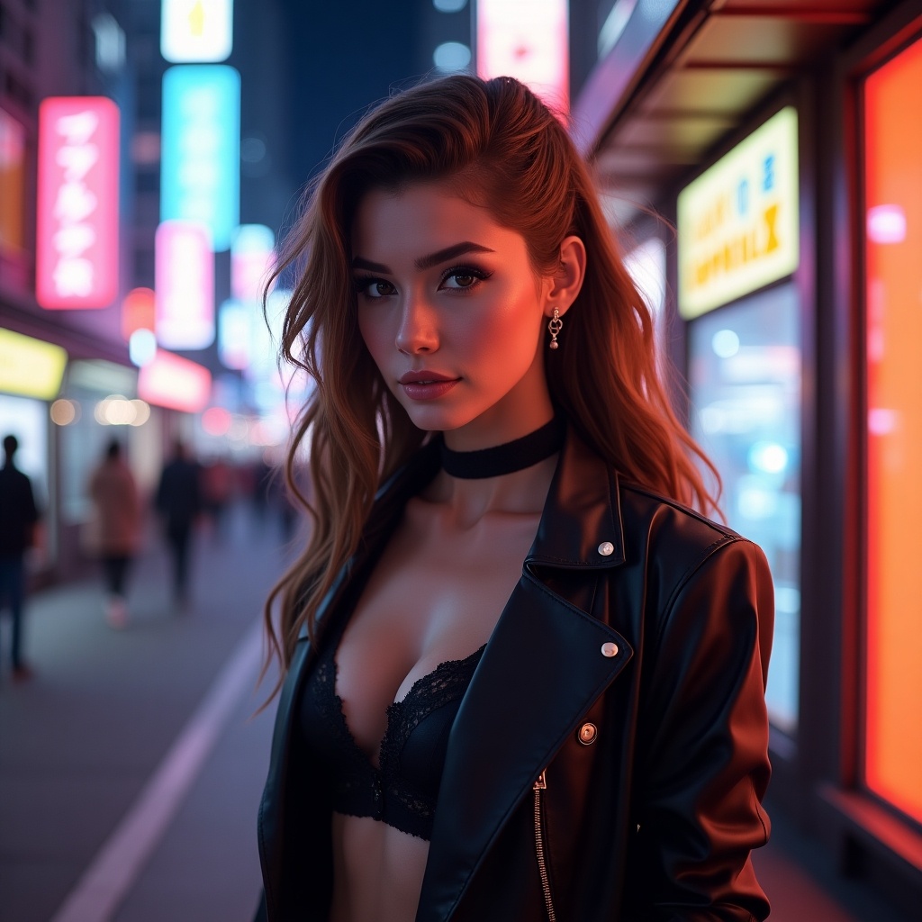 Arcane character with brown hair in a modern fashion. Wearing a chic outfit. Set in a neon-lit city environment.