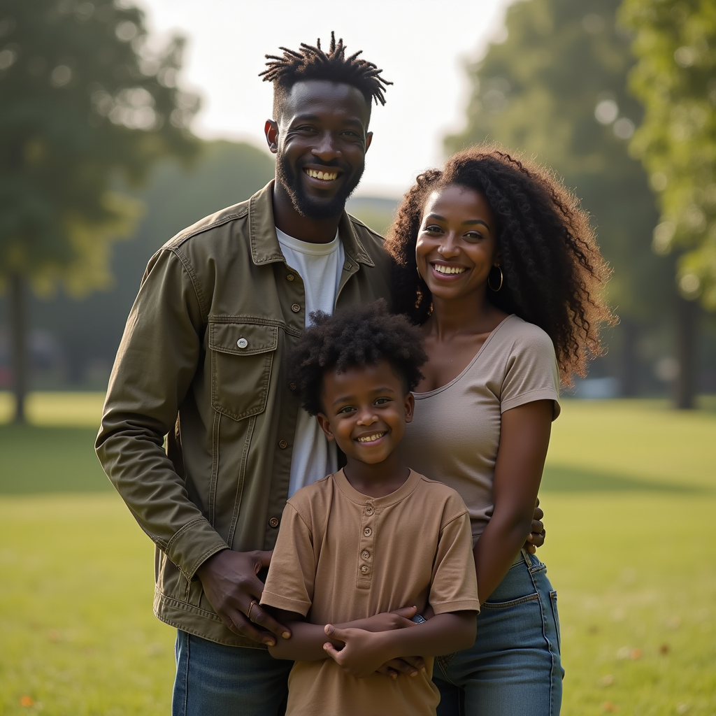 A happy family posing together in a sunny park setting.