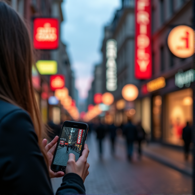 A person takes a photo on a bustling city street with bright neon lights.